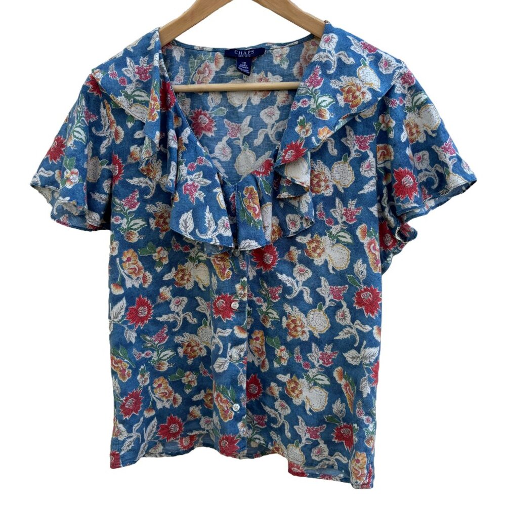 Vintage Chaps Floral Blue, Red, White Button Short Sleeve Flowy Ruffle Blouse